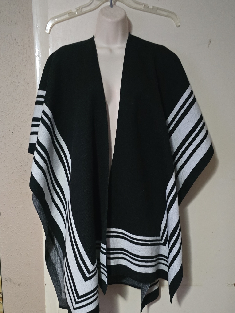 Time and Tru Black and White Striped Open-Front Poncho Wrap